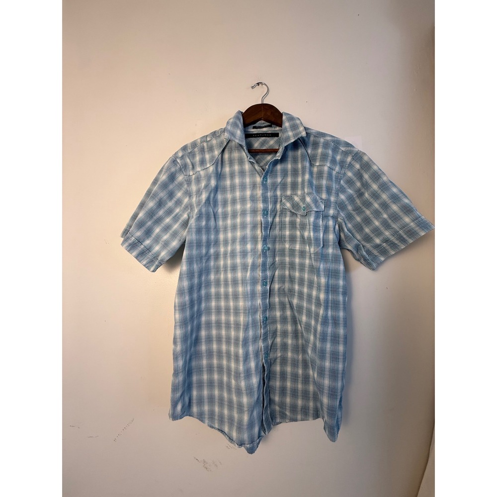 Sean John Mens XL Blue White Plaid Short Sleeve Button Down Shirt Tailored Fit